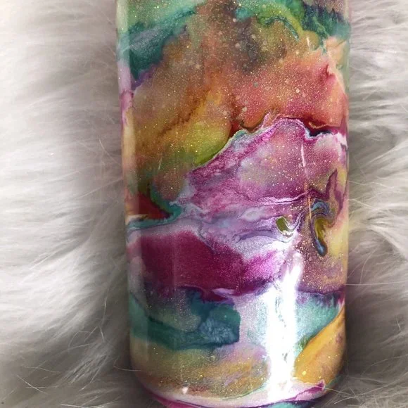 20 Ounce Tumbler Hand-Painted Pinks Pearl Teal Yellow Lid And Straw - Picture 3 of 16